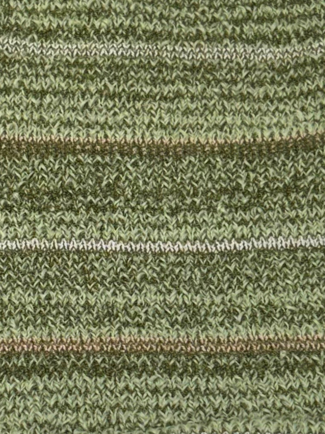 Close-up of a knitted fabric with horizontal stripes in olive green, sage green, and thin brown and white stripes.